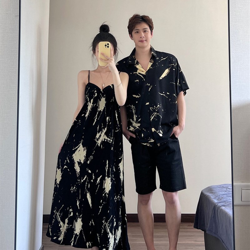 你衣我裙情侣装夏季法式吊带连A衣裙设计感小众韩版海边沙滩衬衫