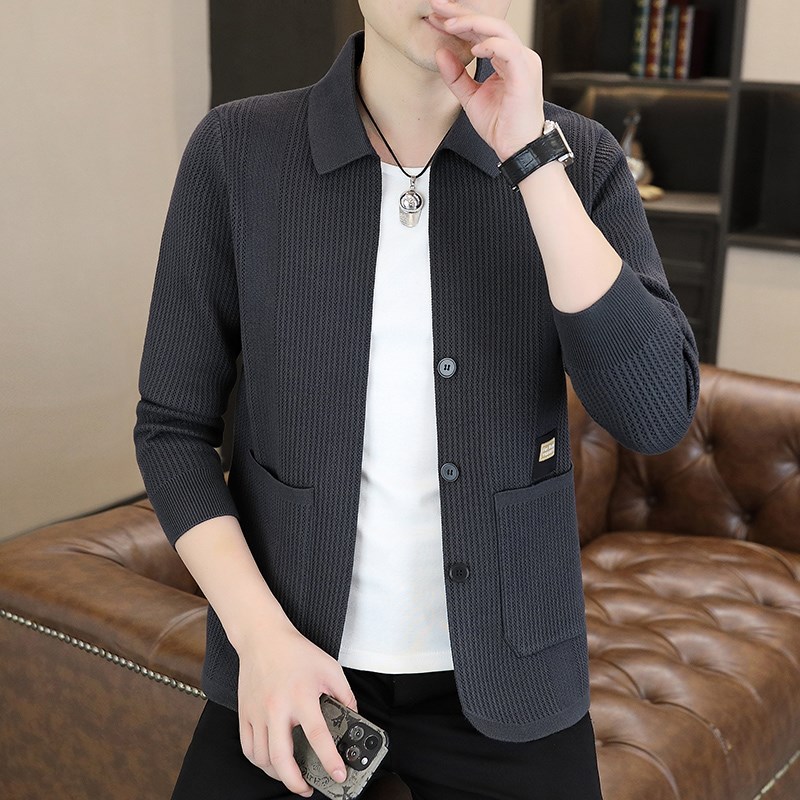 男士外套秋季新款潮n流时尚毛衣商务修身翻领纯色上衣休闲针织开