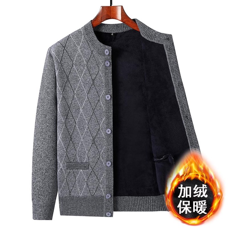 爸爸装毛衣加绒加厚冬季中老年人男D士开衫系扣棉毛衫爷爷保暖外