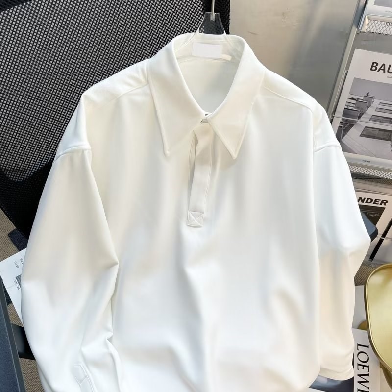 韩版宽松套头长袖加绒衬衫男士潮流休闲高级bf风免烫W纽扣翻领衬