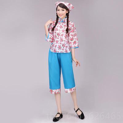 正品新款民族舞蹈采茶抖女服茶道阿庆广嫂演出场舞村姑碎花表演装