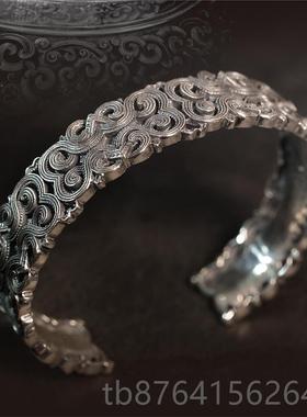 正品蒙银手镯镂客空复古民族风祥吉云情纹满雕银镯子窄版纯银手环