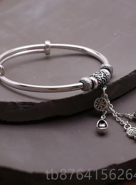 正品9镯999足银手镯复古纯银流苏款貔貅福叶袋子吊坠推拉银子送女