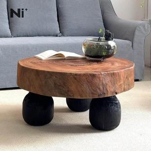 Ni尼家法式中古实木圆形茶几民宿酒店原木复古诧寂风矮桌创意桌子