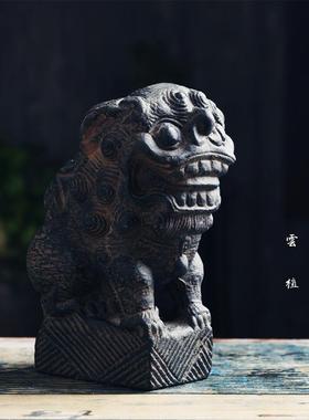 仿老青石雕中式日式会所茶室清供案头桌面狮子摆件风水镇宅做旧