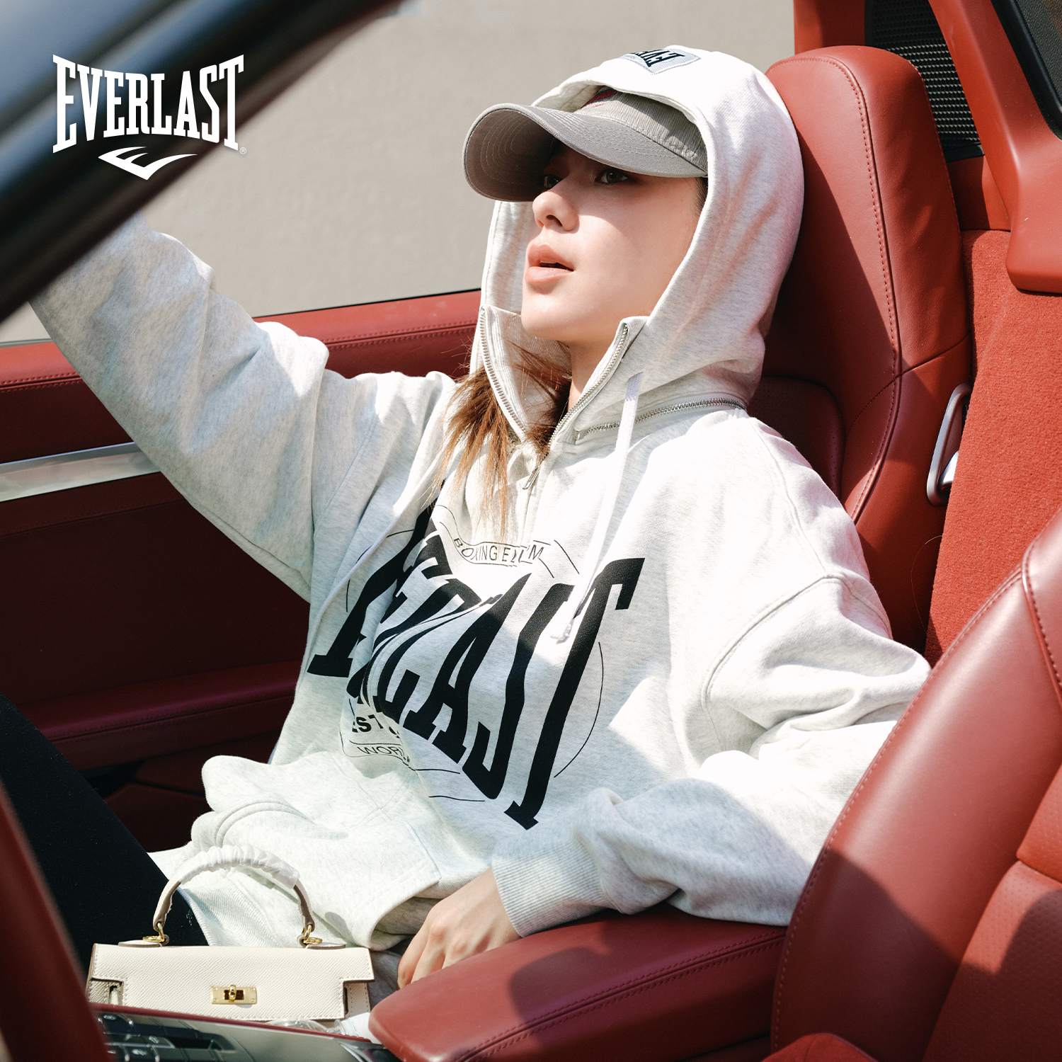 美国EVERLAST拳击男女重磅纯棉落肩花灰连帽卫衣美式运动开衫外套