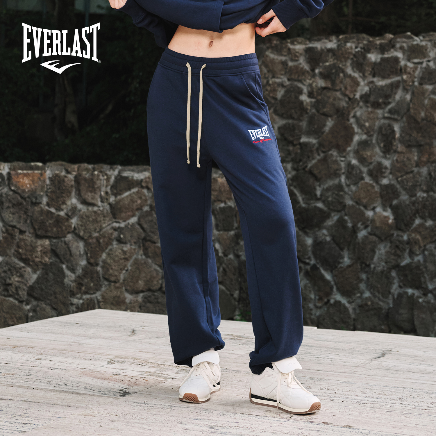 美国EVERLAST拳击美式运动休闲训练束脚裤男女款宽松纯棉深蓝卫裤