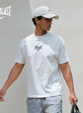 美国EVERLAST拳击落肩宽松纯棉简约休闲运动男女同款白色短袖T恤