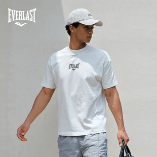 美国EVERLAST拳击落肩宽松纯棉简约休闲运动男女同款 T恤 白色短袖