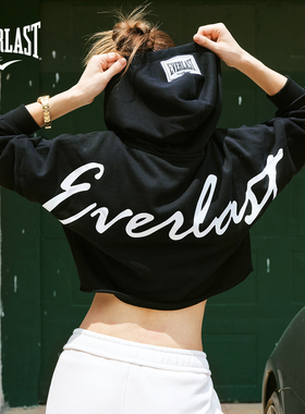 美国EVERLAST拳击美式高街运动女款重磅纯棉宽松短款露腰连帽卫衣