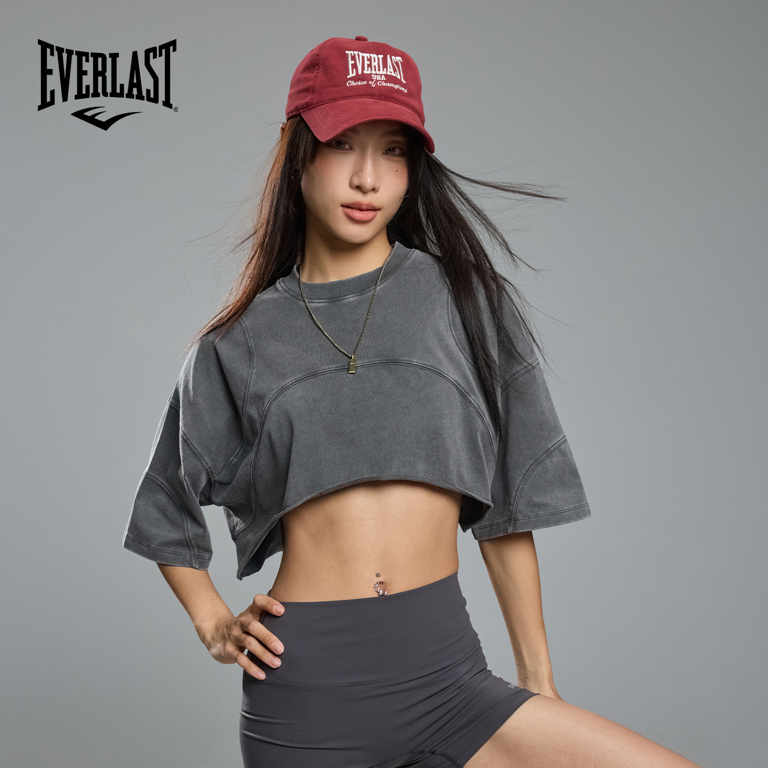 美国EVERLAST拳击运动健身上衣女短款宽松瑜伽罩衫露腰短袖t恤夏