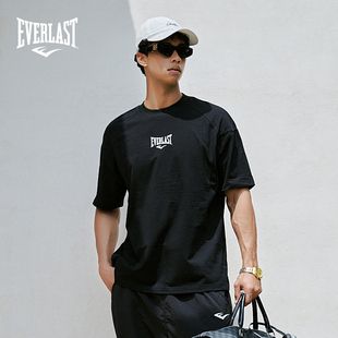美国EVERLAST拳击简约休闲运动男女同款 T恤 落肩宽松纯棉黑色短袖