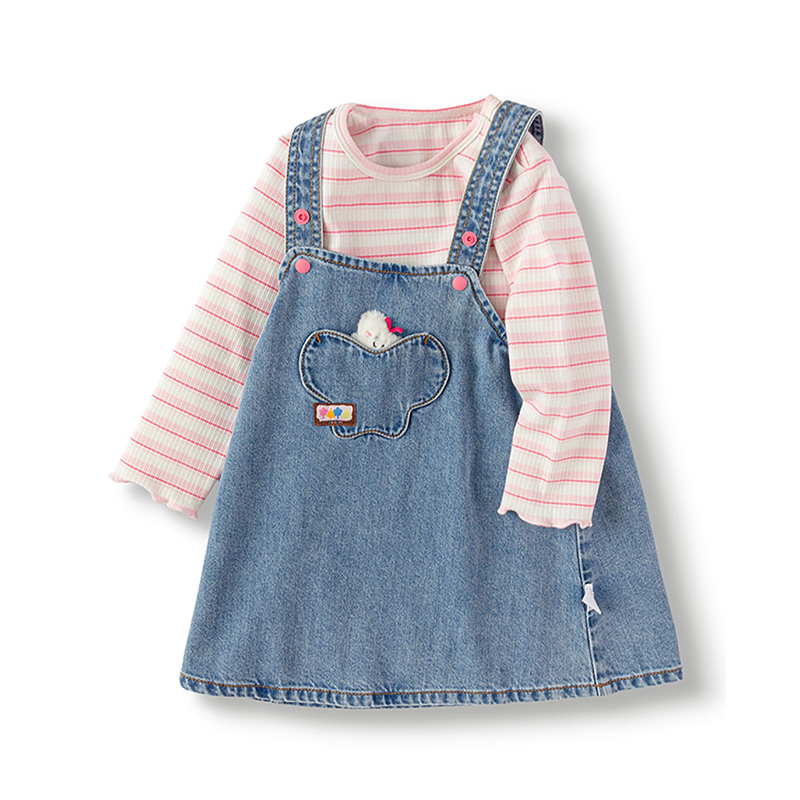 巴拉巴拉女幼童秋季亲肤百搭条纹T恤牛仔背带裙套装201325111003