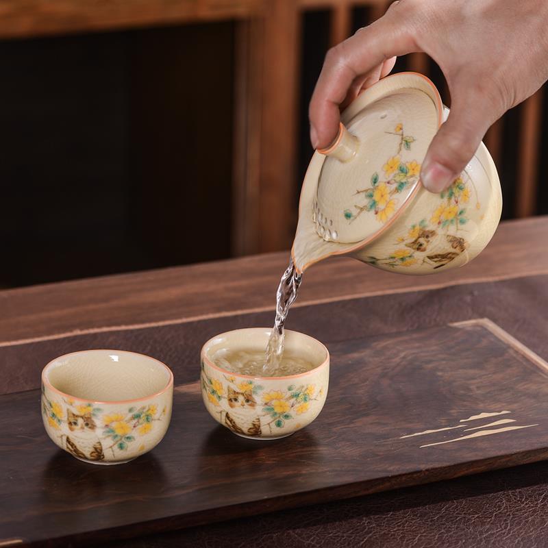 汝窑可爱猫咪陶瓷三才盖碗茶杯家用功夫泡茶器大号敬茶碗不烫手