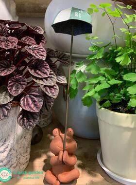 粗陶手作瑜伽青蛙摆件陶土兔子雨伞花插插件红陶龙猫摆件园艺杂货