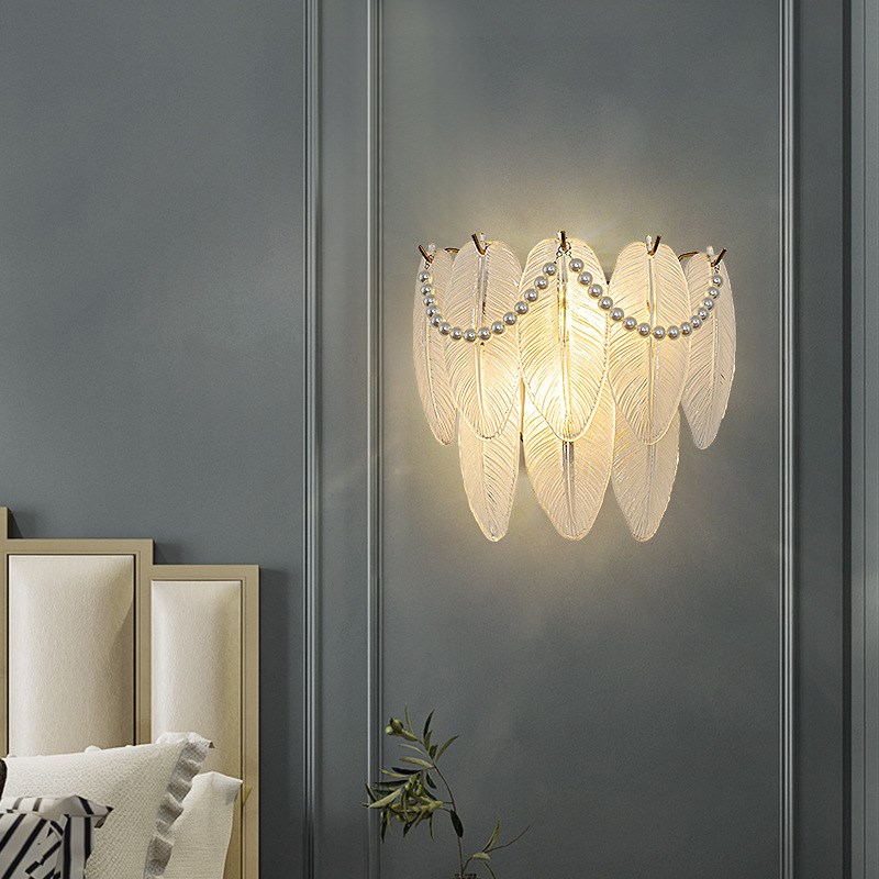 法式轻奢水晶壁灯客厅背景墙复古羽毛珍珠餐厅卧室过道美式床头灯