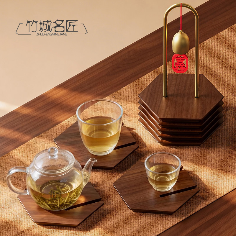新中式六角风铃隔热垫餐桌垫防烫耐高温实木茶室茶杯垫餐垫餐盘垫