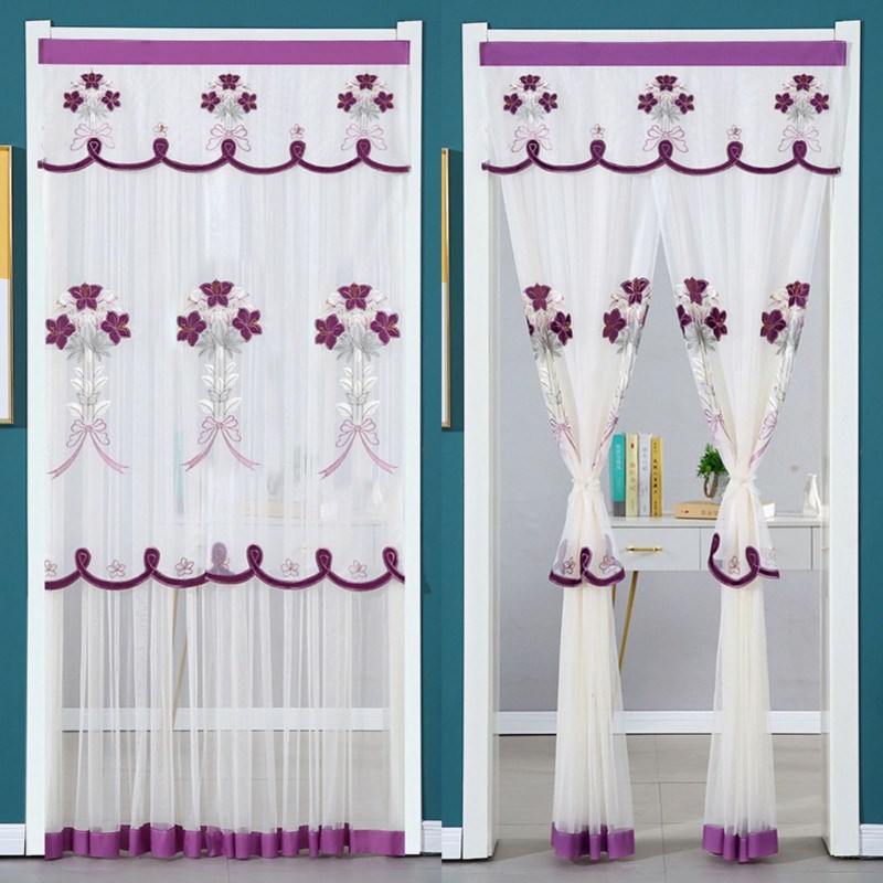 门帘蕾丝纱帘夏季卧室厨房遮挡隔断帘防蚊门帘家用布艺纱门免打孔