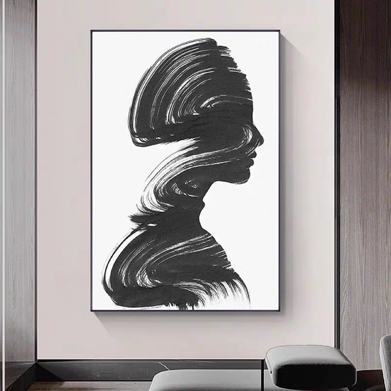 理发店装饰画发廊网红美发店黑z白灰风格抽象艺术人物壁画墙面挂图片