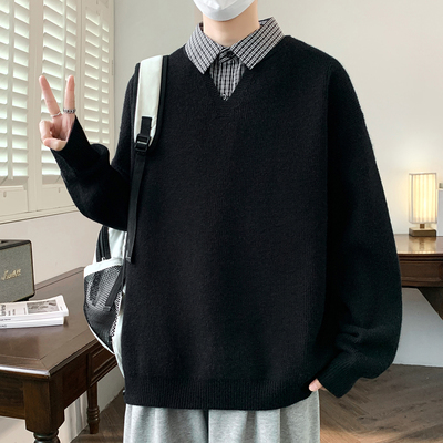 2025青少年独特撞色假两件毛衣