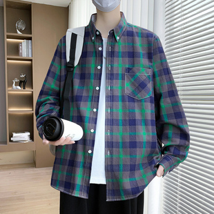 2025新款程序员格子衬衫男长袖春秋款宽松休闲纯棉衬衣简约百搭潮