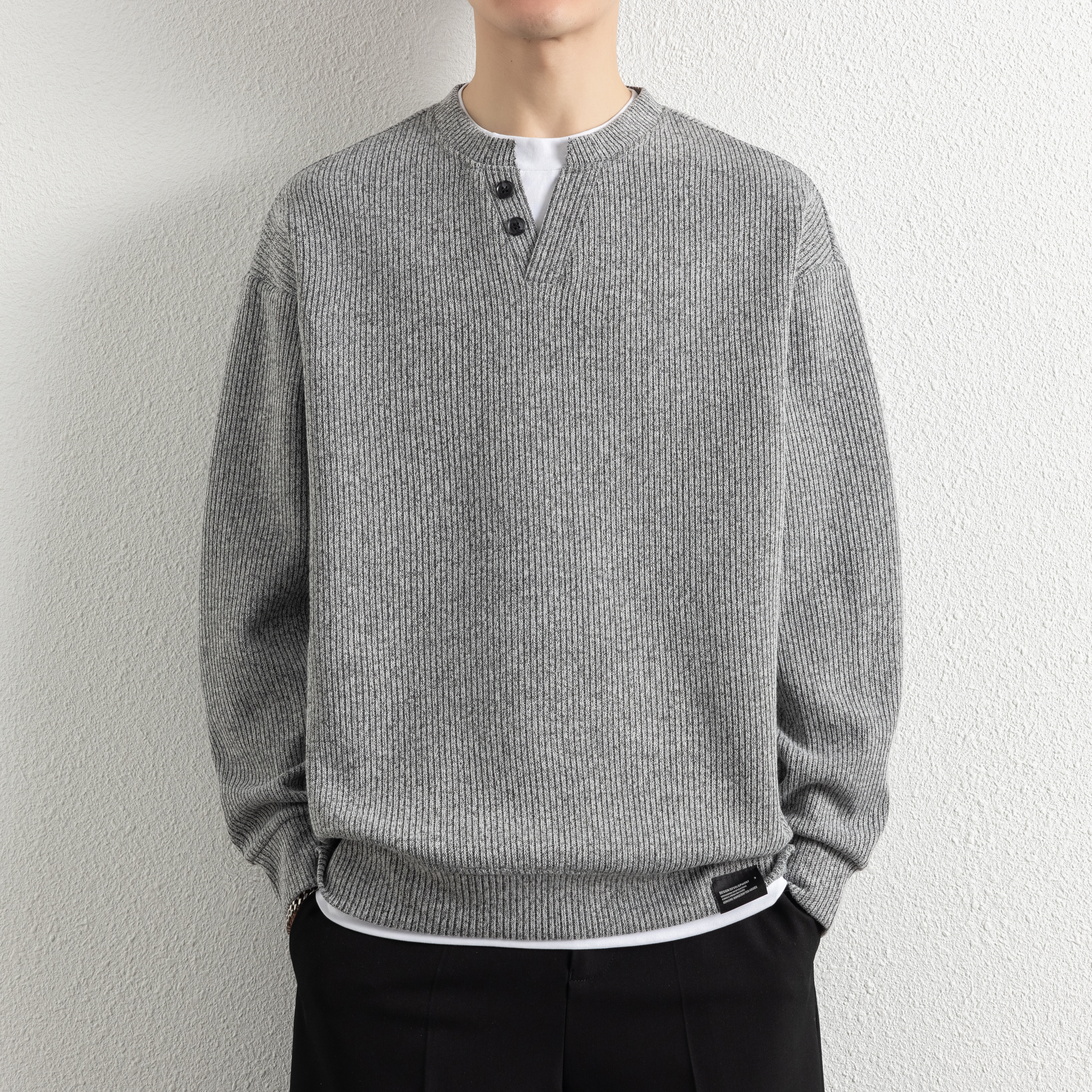 简约休闲风春季亨利领卫衣男假两件坑条针织衫高级感灰色长袖上衣