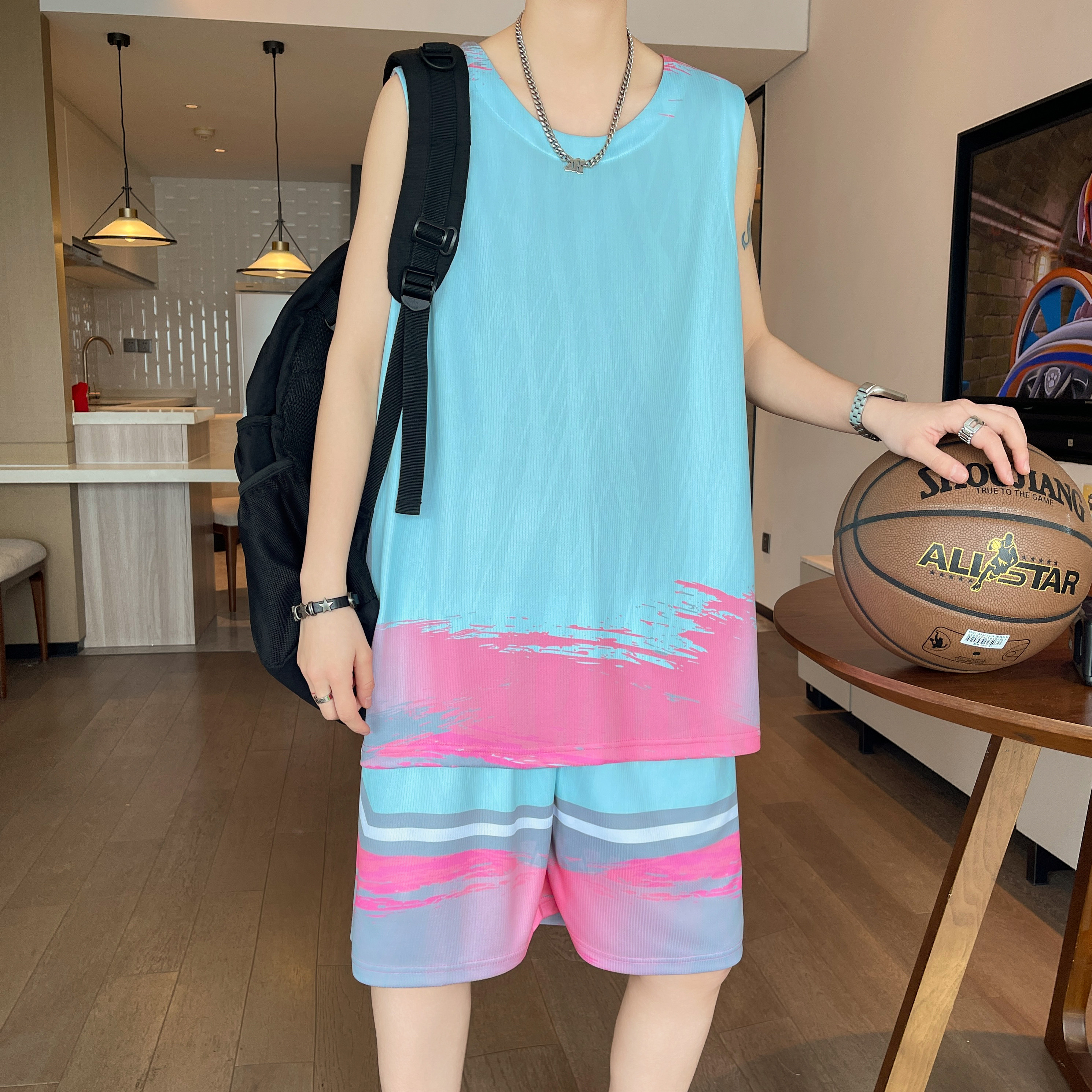 探花鹿男青少年无袖速干篮球服背心短裤运动套装夏季训练服男学生