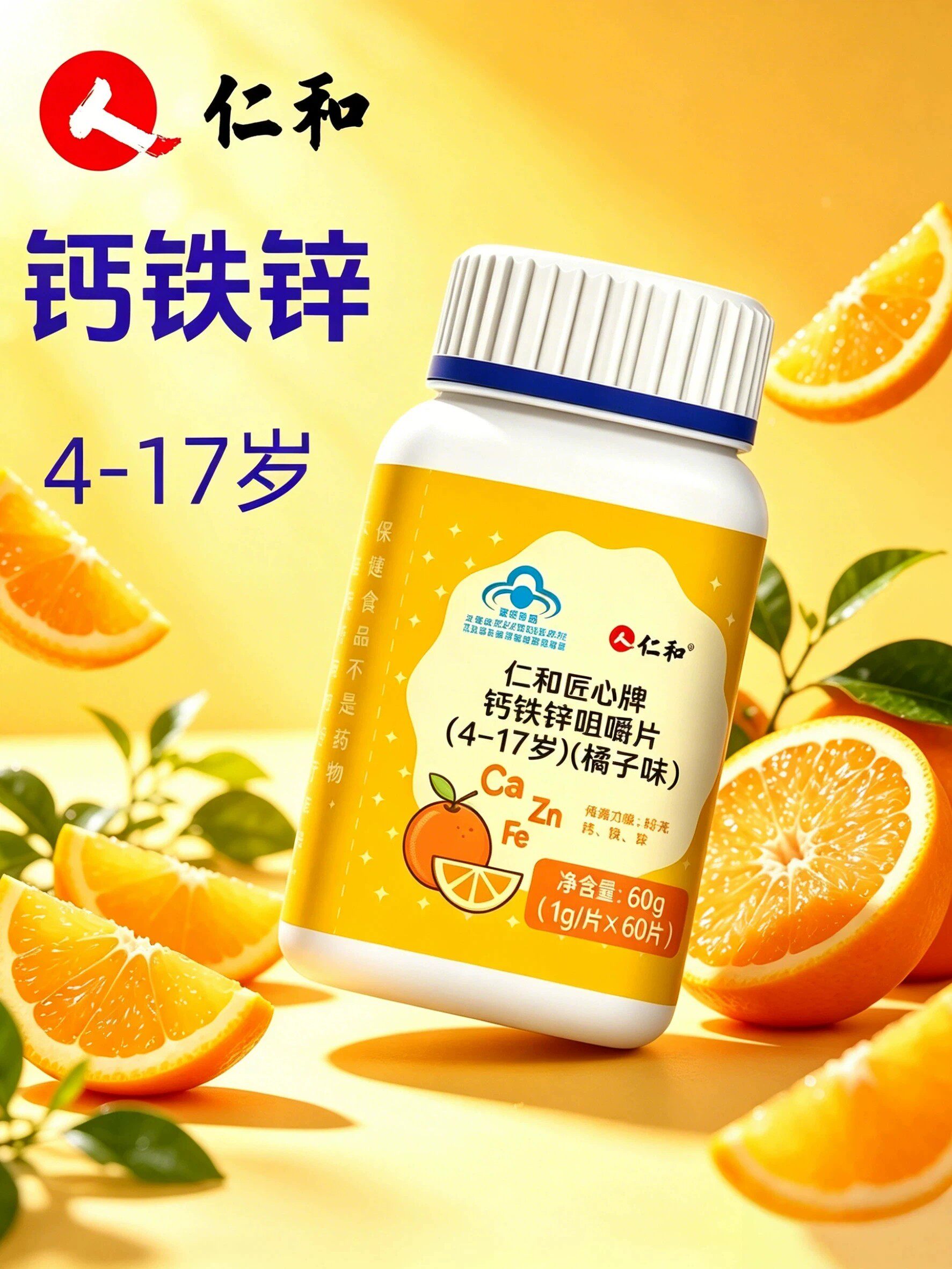 仁和匠心牌钙铁锌咀嚼片青少年儿童男女补钙补铁补水果味营养剂