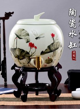 手绘陶瓷储水罐 客厅储水缸储水桶 冷水壶家用茶水桶饮水机带龙头