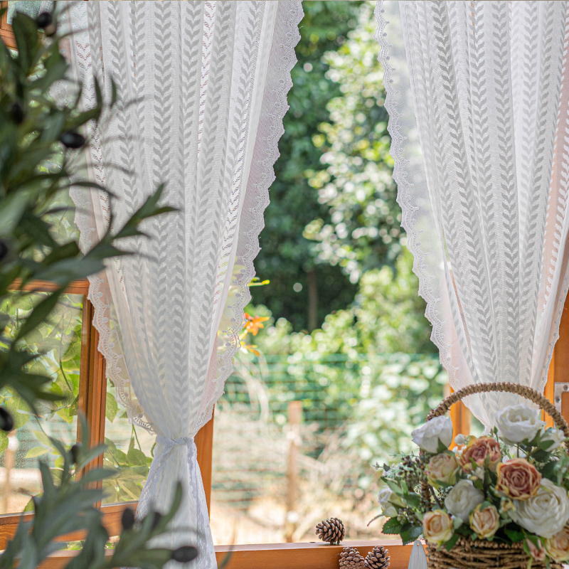 白色短款蕾丝纱帘小窗户半帘魔术贴自粘窗帘美式田园飘窗免打孔