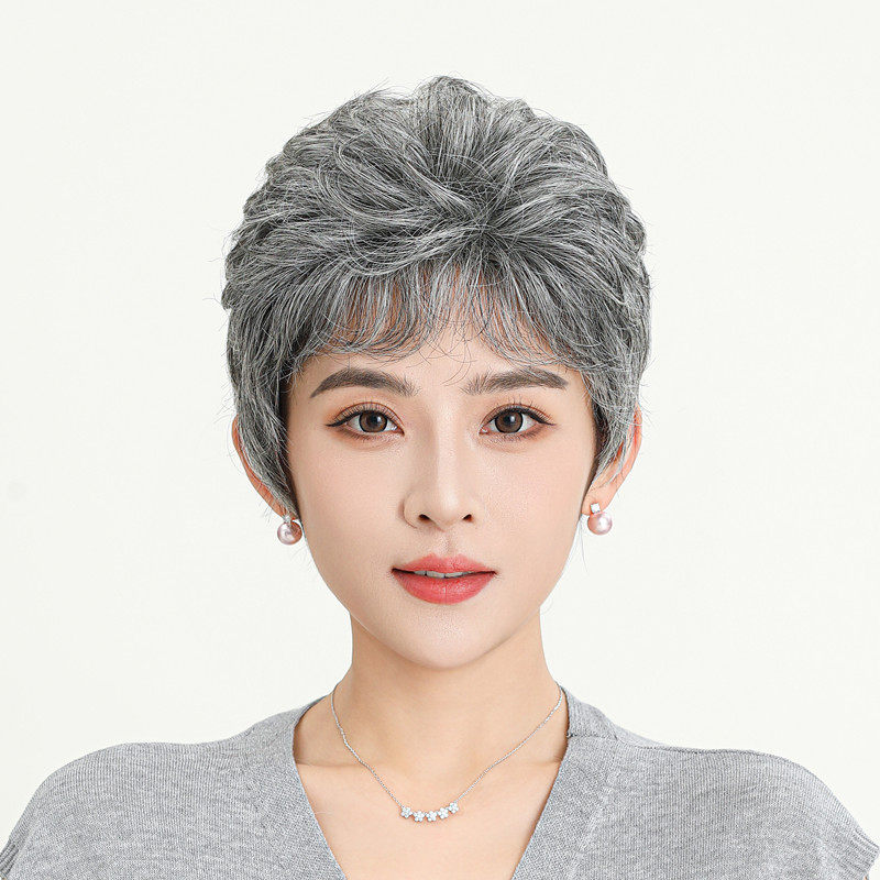 老奶奶演出表演假发套真人发丝老太太中老年花白假发真发女短卷发