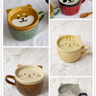 日式萌系宠物盖杯 可爱柴犬三花猫马克杯猫咪情侣陶瓷咖啡杯卡通
