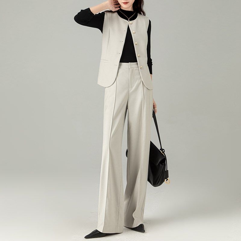 圆领马甲直筒裤两件套装女2024秋季新款高腰立体中缝西装阔腿长裤