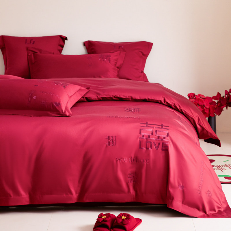 新中式婚庆140支长绒棉红色四件套纯棉全棉床单床笠结婚床上用品4