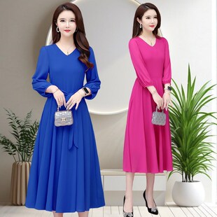 雪纺连衣裙2024新款 秋季长款长袖V领大码气质显瘦遮肚子大摆长裙