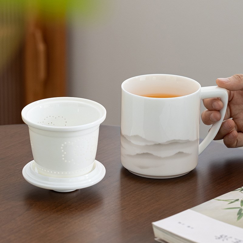 羊脂玉德化白瓷茶水分离陶瓷杯办公杯个人茶杯过滤杯子水杯泡茶杯