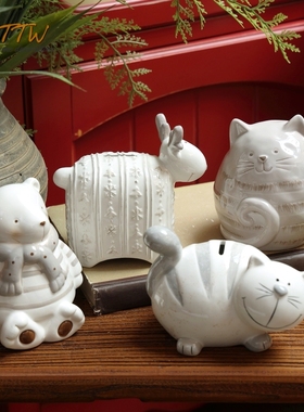 可爱卡通猫咪彩色陶瓷动物玩偶摆放手工绵羊桌面装饰储钱罐礼物