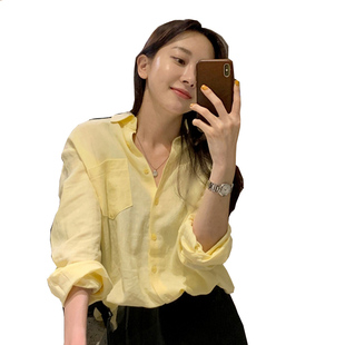 春秋新款衬衫女浅淡黄显瘦洋气柠檬黄长袖女衬衣上衣鹅黄色打底衫