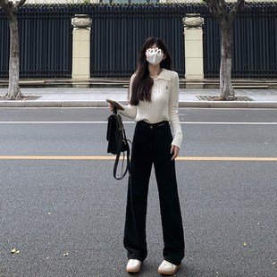 艾恩晟 黑色直筒裤高腰垂坠感 宽松显瘦小直筒秋季新款基础款