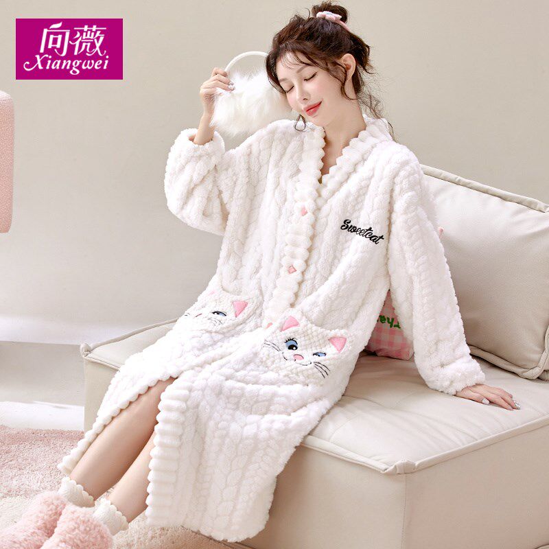 可爱猫咪卡通秋冬天加绒加厚长款睡袍V领女士珊瑚绒浴袍家居服