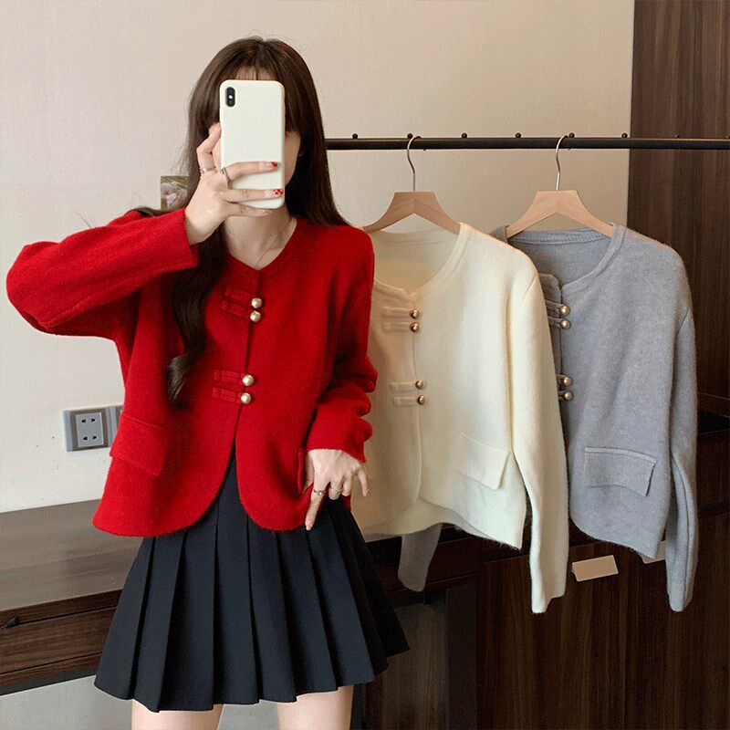 新中式国风盘扣针织衫毛衣女春秋新款大码胖mm法式设计感上衣外套
