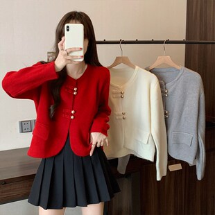 新中式国风盘扣针织衫毛衣女春秋新款大码胖mm法式设计感上衣外套