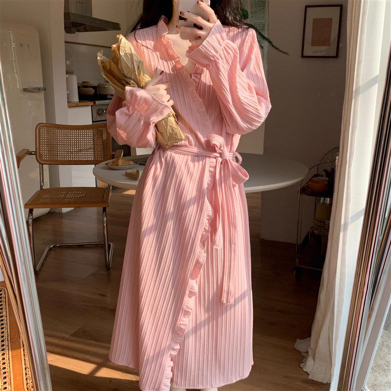 睡袍女秋冬季纯棉甜美系带浴衣浴袍长版春夏天薄款晨袍家居服睡衣