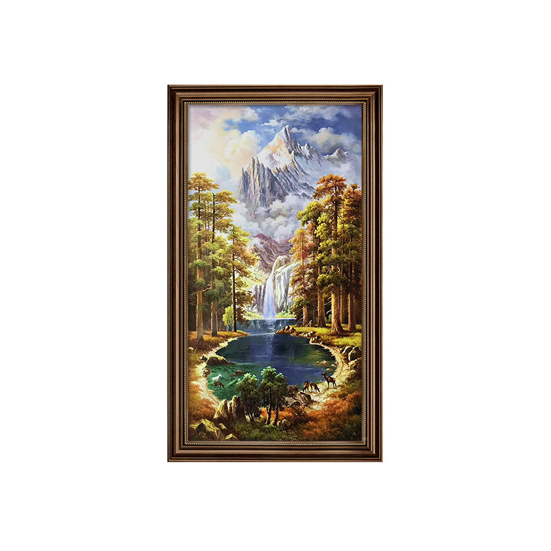 聚宝盆美式入门玄关装饰画正对墙山水风景油画高级感壁画客厅挂画