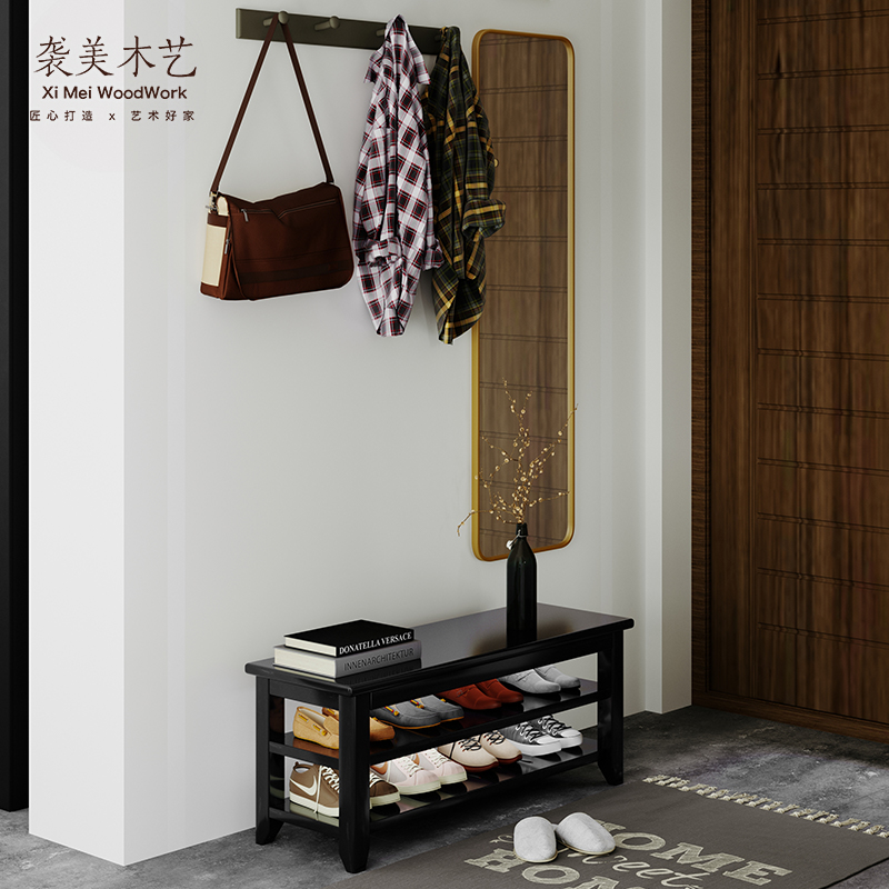 家用门口穿衣镜换鞋凳木质黑色玄关凳子实木两层鞋架坐凳一体进门