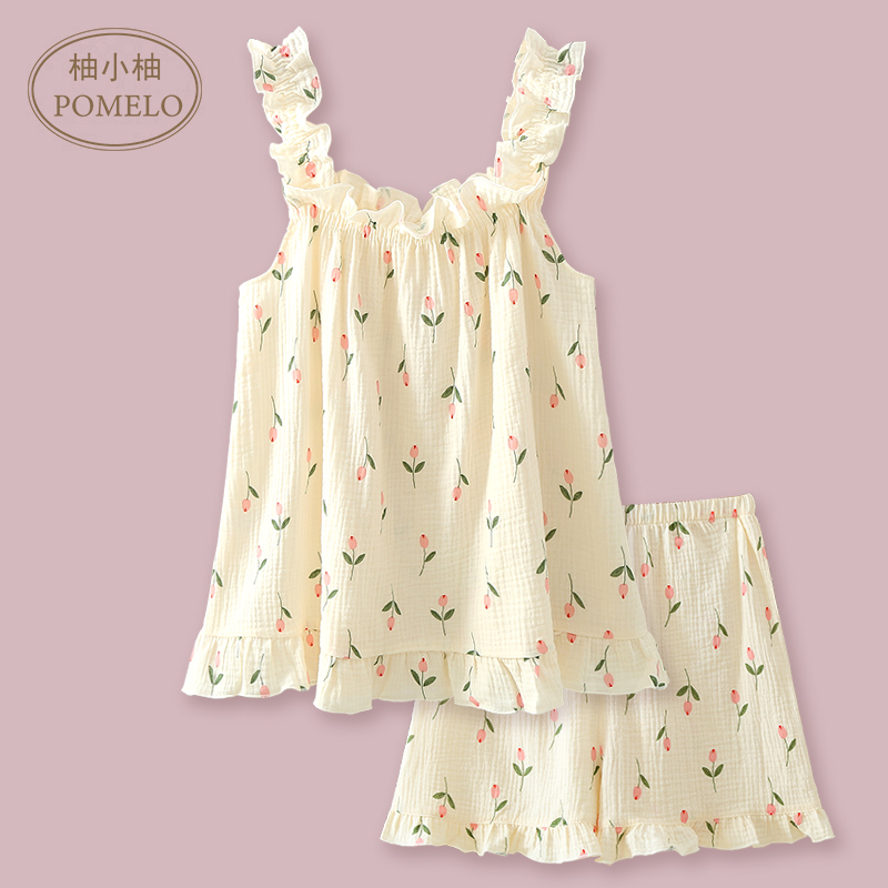 夏薄款纯棉泡泡棉纱套头吊带短裤甜美卡通熊全棉家居服睡衣套女