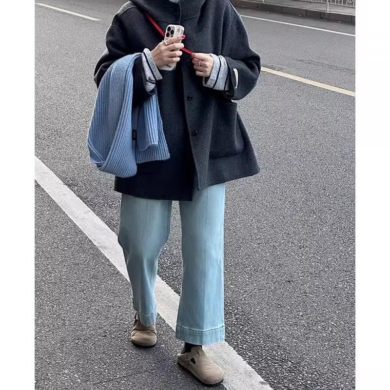 浅蓝色直筒牛仔裤女春季新款大码胖mm梨型身材小个子显瘦阔腿裤子