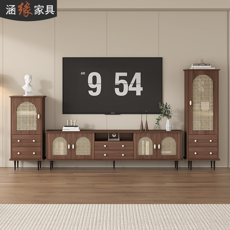 复古仿藤编电视柜中古客厅家用边柜电视机柜组合收纳储物柜7D116