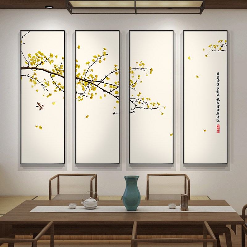 新中式挂画客厅沙发背景墙装饰画书房茶室禅意壁画花鸟银杏四联画
