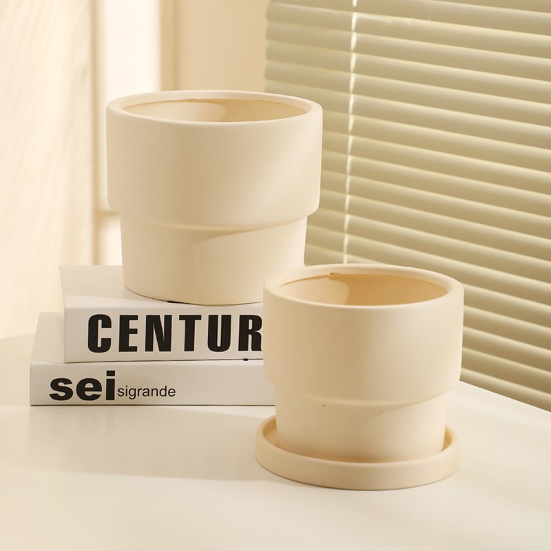 奶油治愈风创意圆形网红多肉植物蝴蝶兰花素烧陶瓷客厅粗陶土花盆